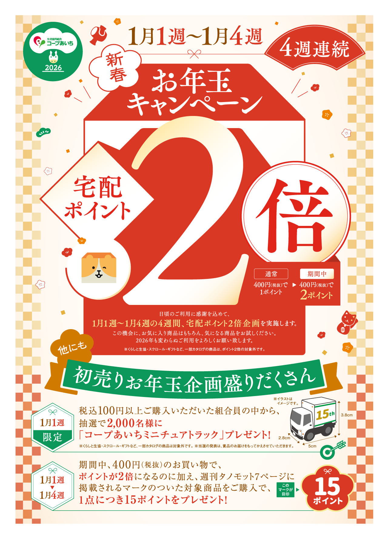 新春お年玉キャンペーン　宅配ポイント2倍　1月1週～1月4週の4週間、宅配ポイント2倍企画を実施します。他にも初売りお年玉企画盛りだくさん。　1月1週限定：税込100円以上ご購入いただいた組合員の中から、抽選で2,000名様に「コープあいちミニチュアトラック」プレゼント！　1月1週～1月4週：期間中、400円（税抜）のお買い物で、ポイントが2倍になるのに加え、週刊タノモット7ページに掲載されるマークのついた対象商品をご購入で、1点につき15ポイントをプレゼント！